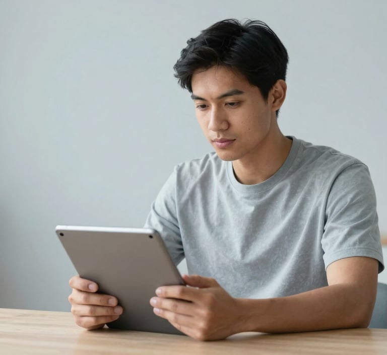 A young North American adult professional in a clean, minimalist studio apartment, looking confidently at a tablet while planning their financial future. The lighting is crisp, and the scene includes light blue-grey tones, emphasizing clarity and empowerment.