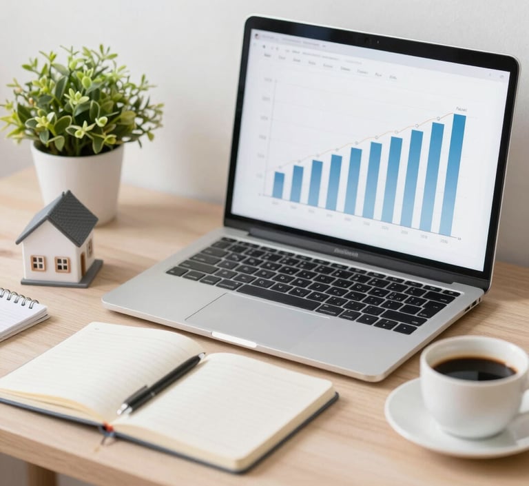 A sleek modern desk setup featuring a laptop, a detailed house model, a steaming cup of coffee, and vibrant finance charts displayed on screen.