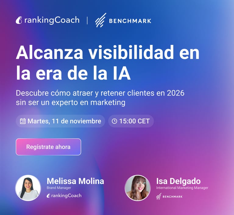 Promotional banner for an AI marketing webinar featuring Melissa Molina and Isa Delgado on November 11th.