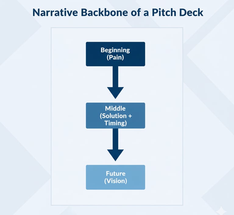 A vertical diagram showing the three-part narrative spine that structures a persuasive pitch deck.