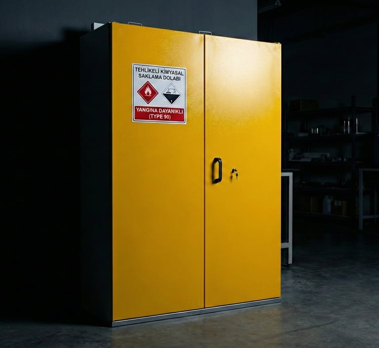 A yellow fire-resistant chemical storage cabinet for hazardous materials in an industrial laboratory setting.