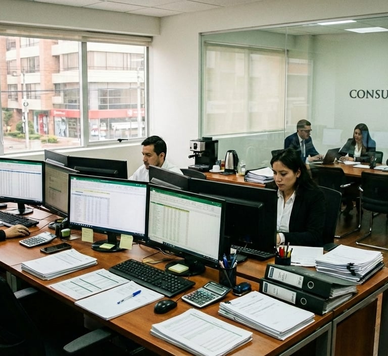 Profesionales en asesoría fiscal de RGR gestionando obligaciones tributarias en oficina.