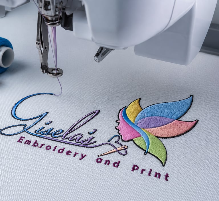 "Embroidery machine stitching the Gisela's Embroidery and Print logo onto white fabric."
