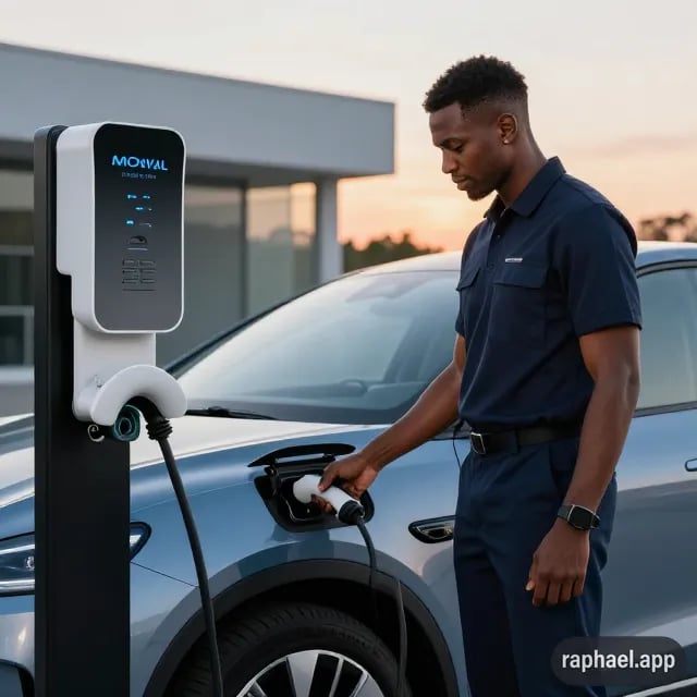 Convoyeur branchant une voiture électrique sur une borne de recharge rapide lors d'une livraison