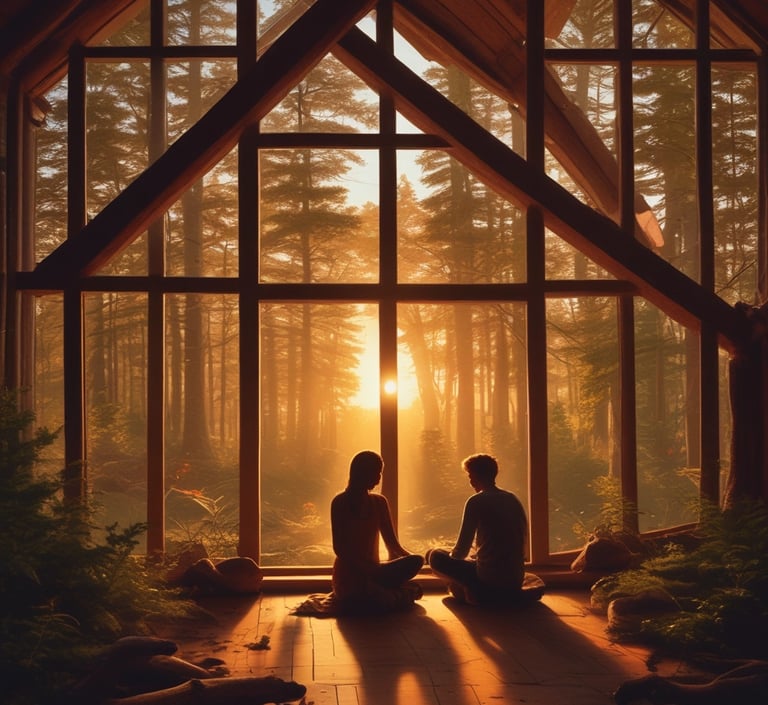 A peaceful moment showing a person gently guiding another with calm body language in a warm, inviting space.