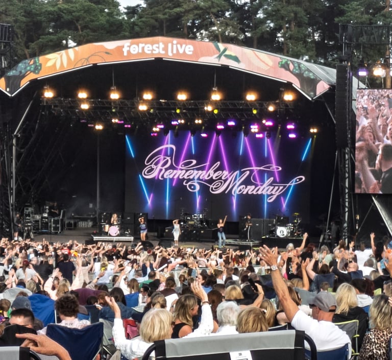 Crowd at a Forest Live outdoor music festival watching Remember Monday perform on a large stage.
