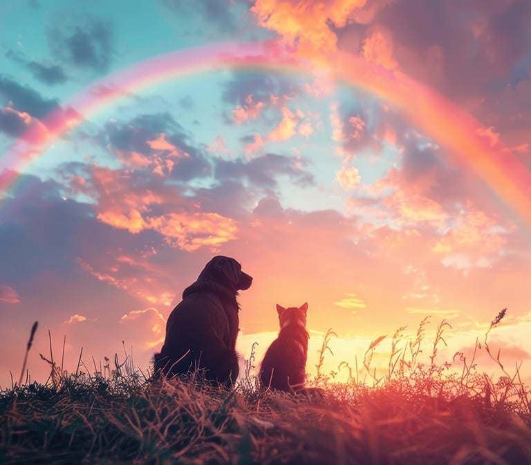 a dog and a cat sitting on a hill under a rainbow.