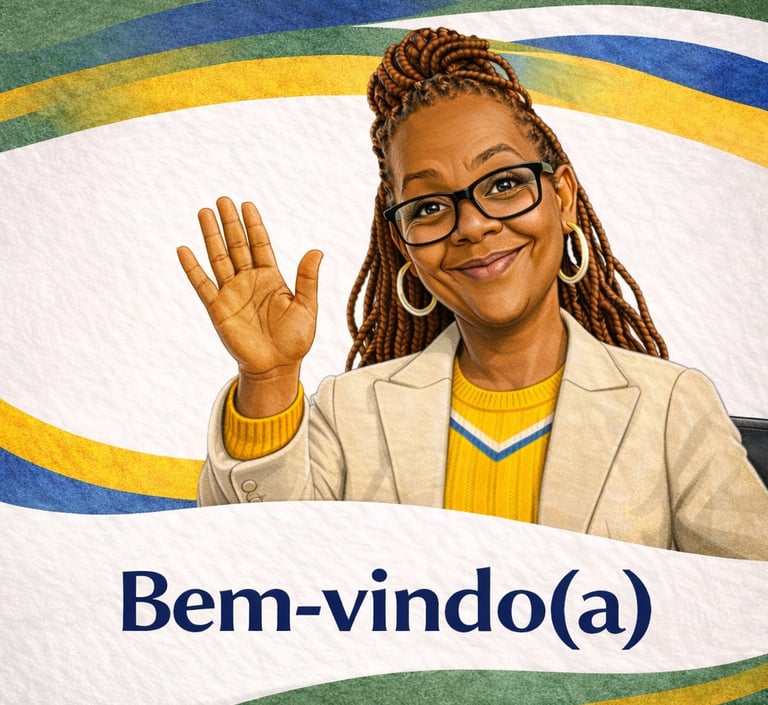 A smiling Black woman with braids waving next to the Portuguese welcome text Bem-vindo(a).