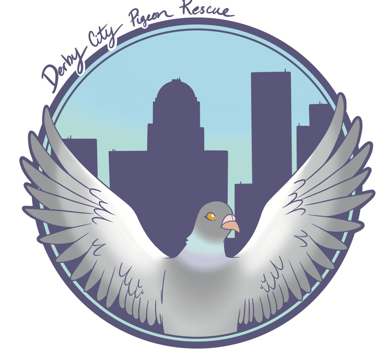 a round logo featuring a pigeon with a city skyline in the background 