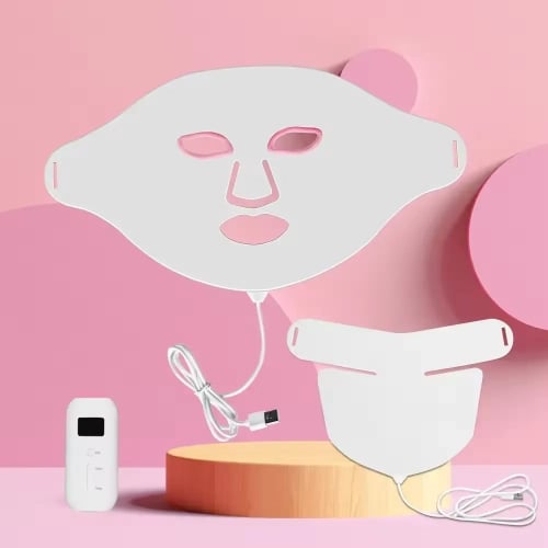White LED light therapy face and neck mask kit with digital remote for skin rejuvenation.
