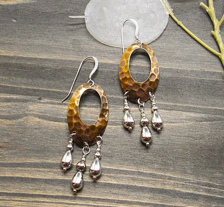 hammered brass with sterling silver teardrops earrings