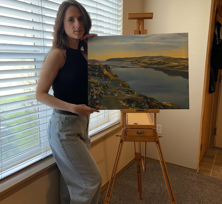 Angela Moiseieva with her work 'Reflections of Tranquility' 18х24 inches  the Columbia River