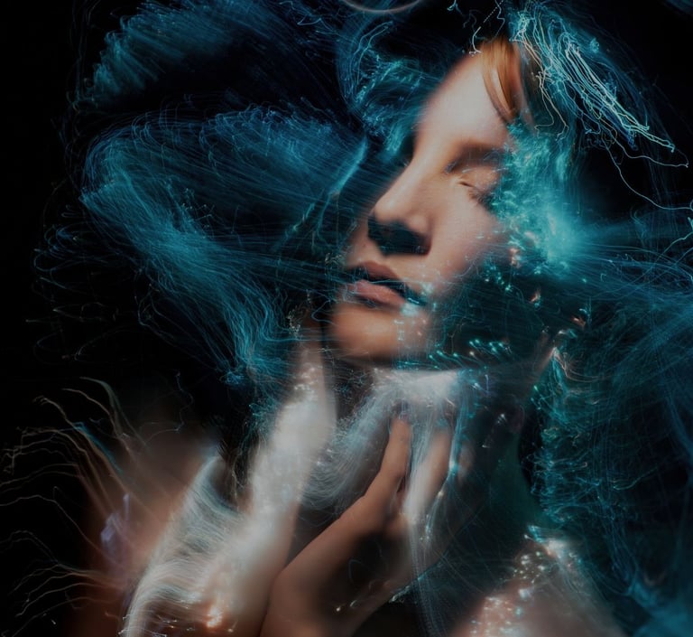 A digital artwork of a woman's face blended with abstract light effects, showcasing Photoshop for artistic expression.