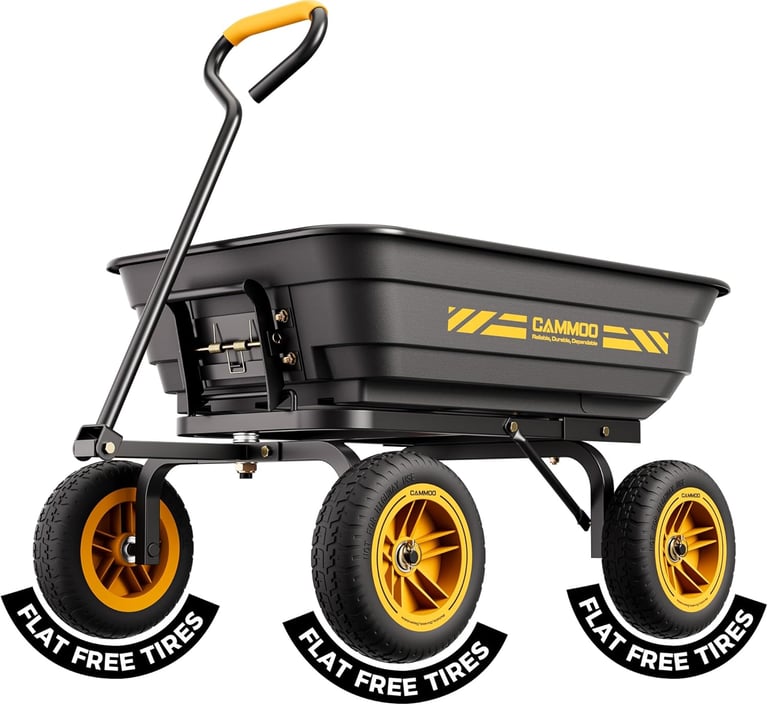 Heavy-duty black garden dump cart with flat-free tires and a pivoting handle for yard work.