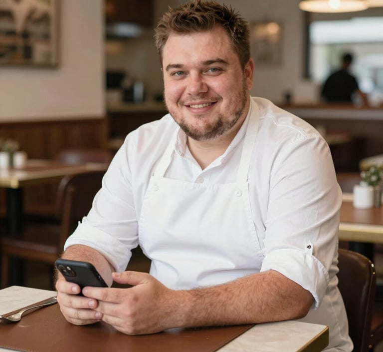 foto de un cliente contento en un restaurant, posiblemente el dueño del local