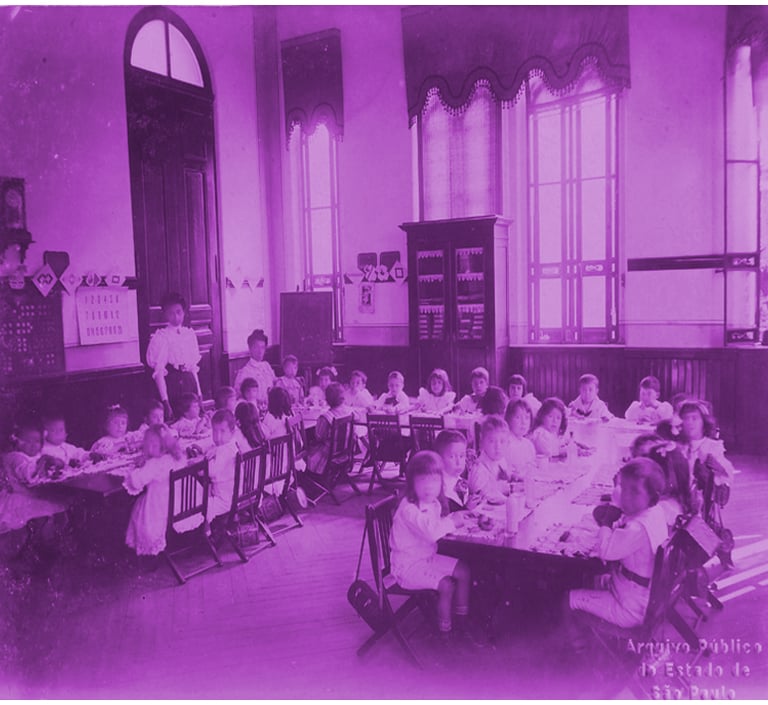 Foto da Escola Normal e Anexa de 1908, com cores alteradas do original do Arquivo Público de São Paulo