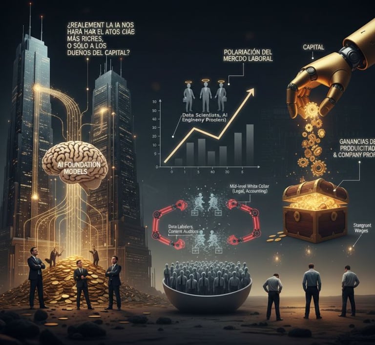 Gráfico conceptual que muestra la brecha entre productividad tecnológica y distribución de riqueza.