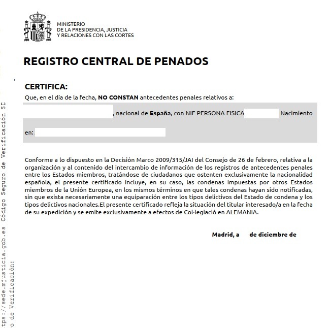 Original español de Antecedentes Penales para su traducción jurada al alemán