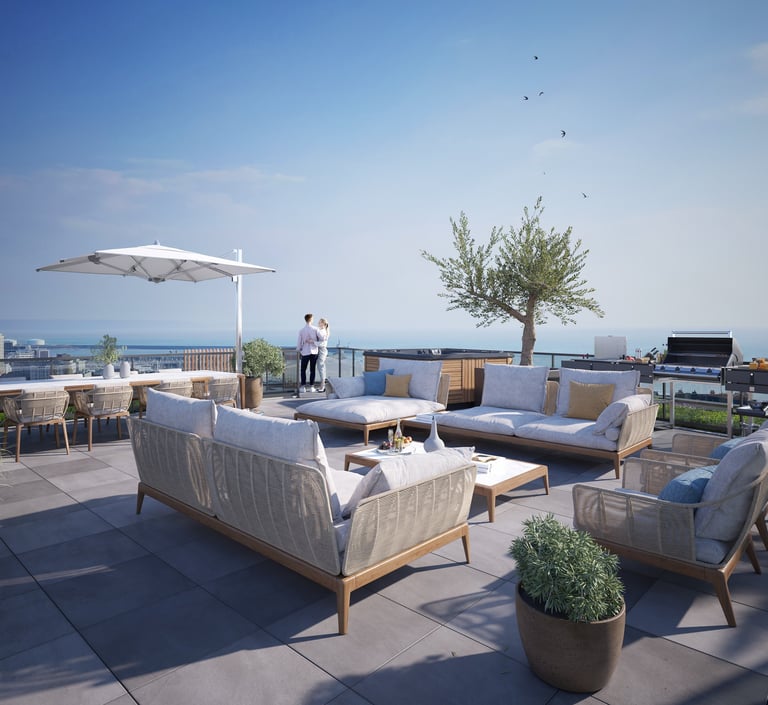 Terrasse aménagée avec vue sur la mer dans le quartier des Terrasses du Fort au Havre