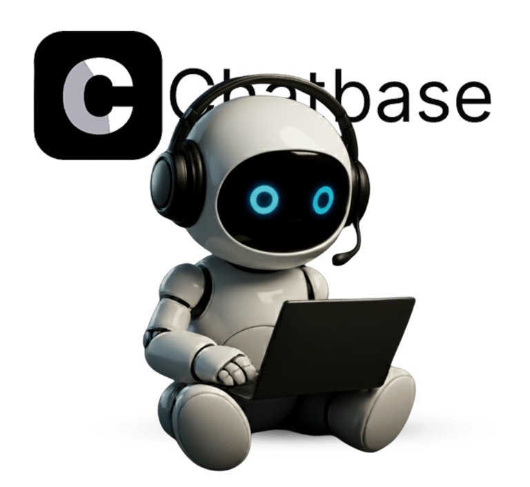 A cute white AI robot wearing headphones and using a laptop for customer support automation.
