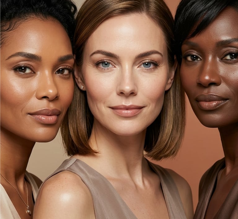 Three diverse women with glowing skin showcasing inclusive beauty and natural makeup looks.