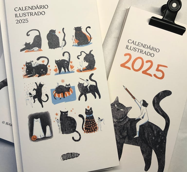 an illustrated calendar with a black cat in several setups for each month