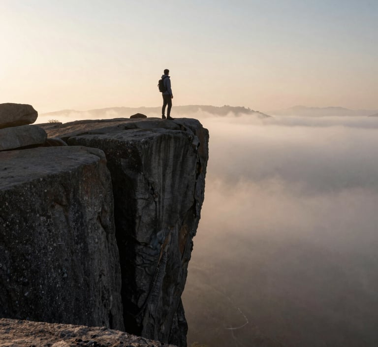 A solitary figure standing on a sheer granite cliff edge at sunrise, looking out over a vast sea of fog, high-contrast chiaroscuro lighting, deep shadows.