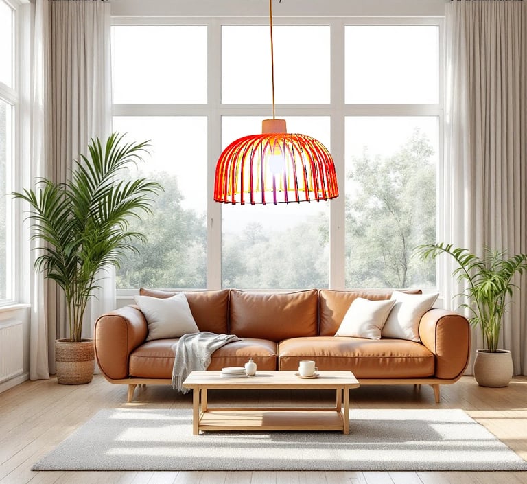 Modern living room featuring a brown leather, capsule glow light sofa and a red cage pendant light.