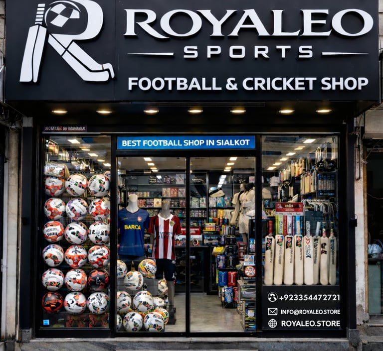 Royaleo Sports storefront in Sialkot featuring footballs and cricket bats on display.