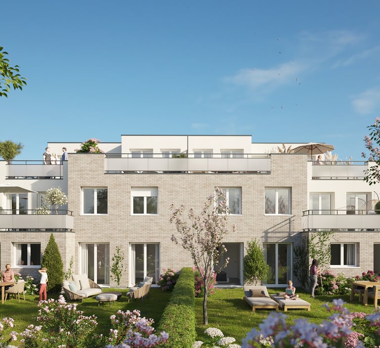**Vue arrière de la Résidence Les Ricochets II avec jardins privatifs, terrasses spacieuses et espac