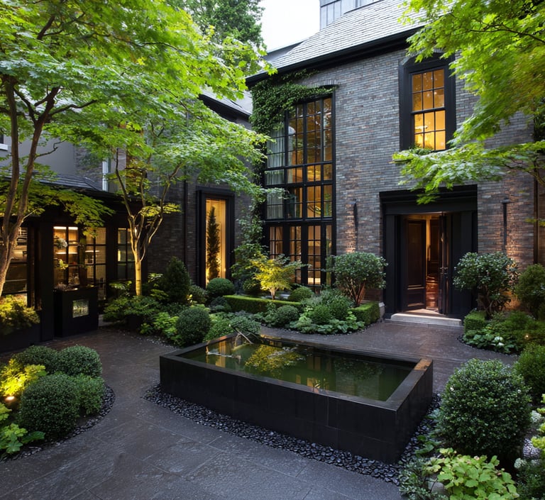Modern luxury home courtyard with a stone water feature, lush green landscaping, and elegant brick architecture.