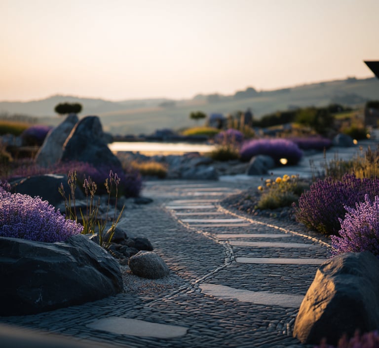 Modern luxury backyard garden featuring a stone fire pit bowl in a rectangular reflecting pool.