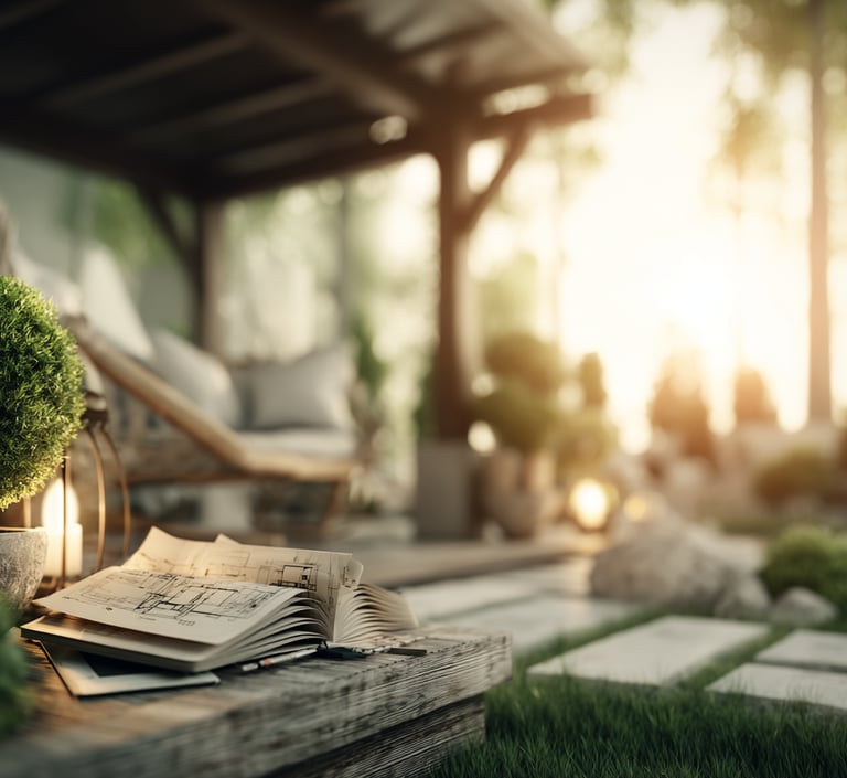 Architectural blueprints on a wooden deck in a modern landscaped garden at sunset.