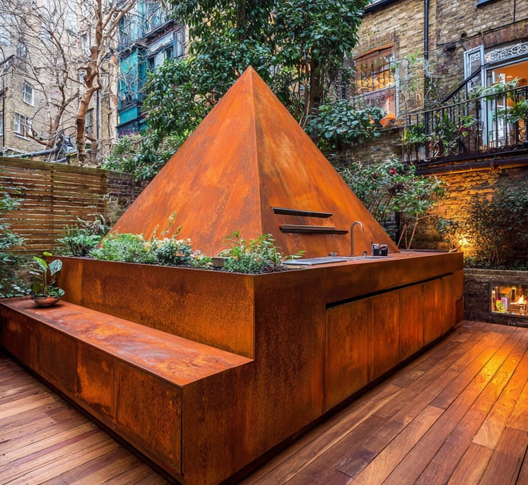 A modern corten steel pyramid outdoor kitchen and seating area in a lush urban garden patio.