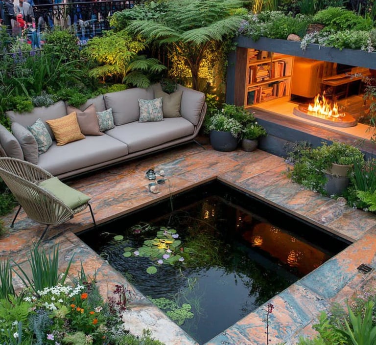 Modern sunken garden with a square koi pond, luxury outdoor sofa, and a cozy built-in fireplace nook.