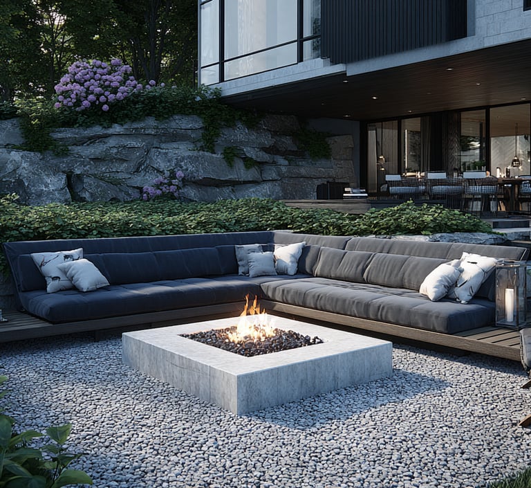 Modern luxury backyard patio with a square concrete fire pit, charcoal sectional sofa, and purple hydrangeas.