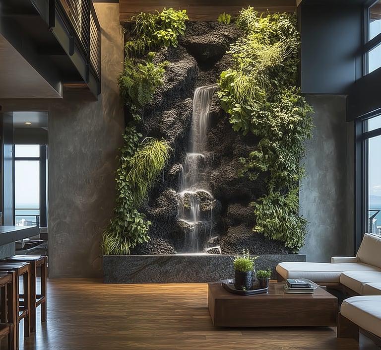Modern penthouse living room featuring a luxury indoor waterfall wall with lush green plants.