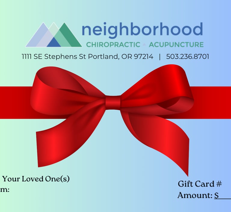 a gift card with a red ribbon with clinic logo