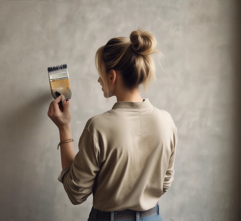 A confident young woman painting a cozy living room wall, surrounded by fresh plants and renovation tools.