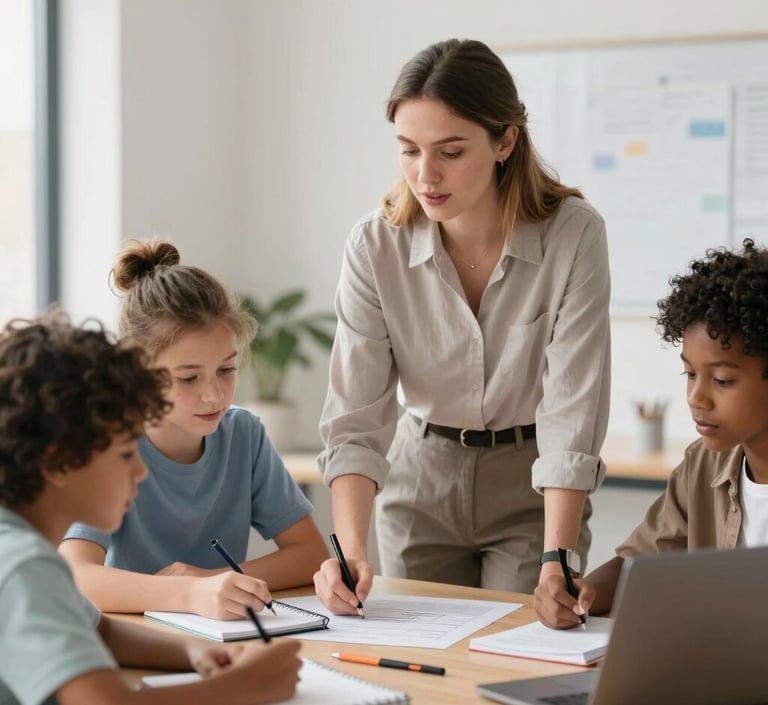 A warm, inviting classroom scene with a tutor engaging attentively with a diverse group of students.