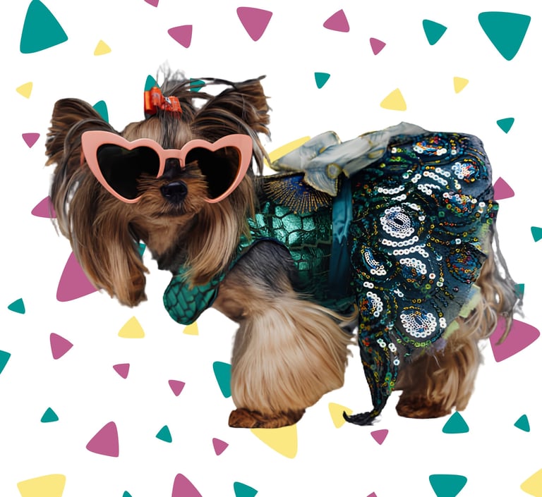 Yorkshire Terrier con gafas de sol en forma de corazón y un vestido de pavo real con lentejuelas.
