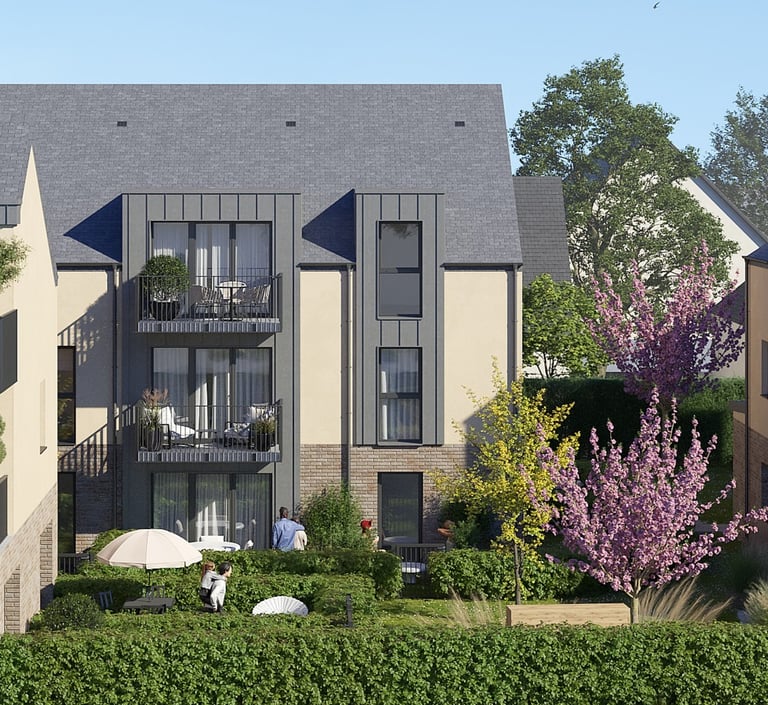Façade de la Résidence Santini avec balcons, espaces verts et jardin paysager