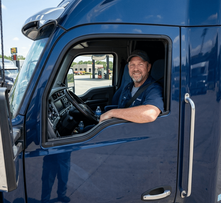 CDL-A truck driver in semi truck cab — Driversphere driver recruiting