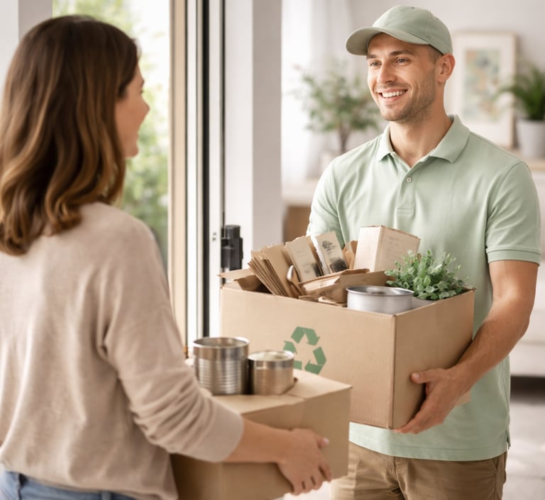 Operatore di ritiro consegna e ritira scatole di oggetti da smaltire da una persona sulla porta di casa