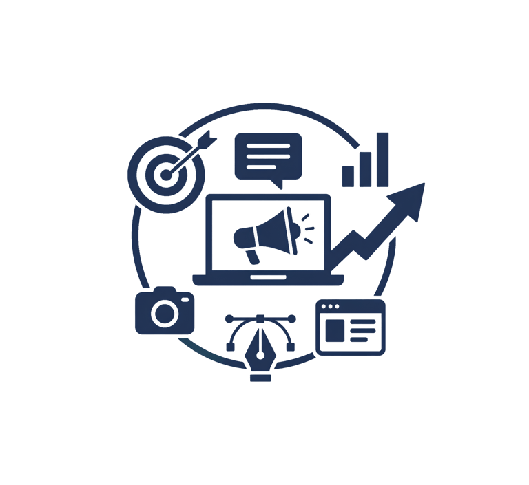 Blue digital marketing icon set featuring a laptop, megaphone, target, and growth chart.
