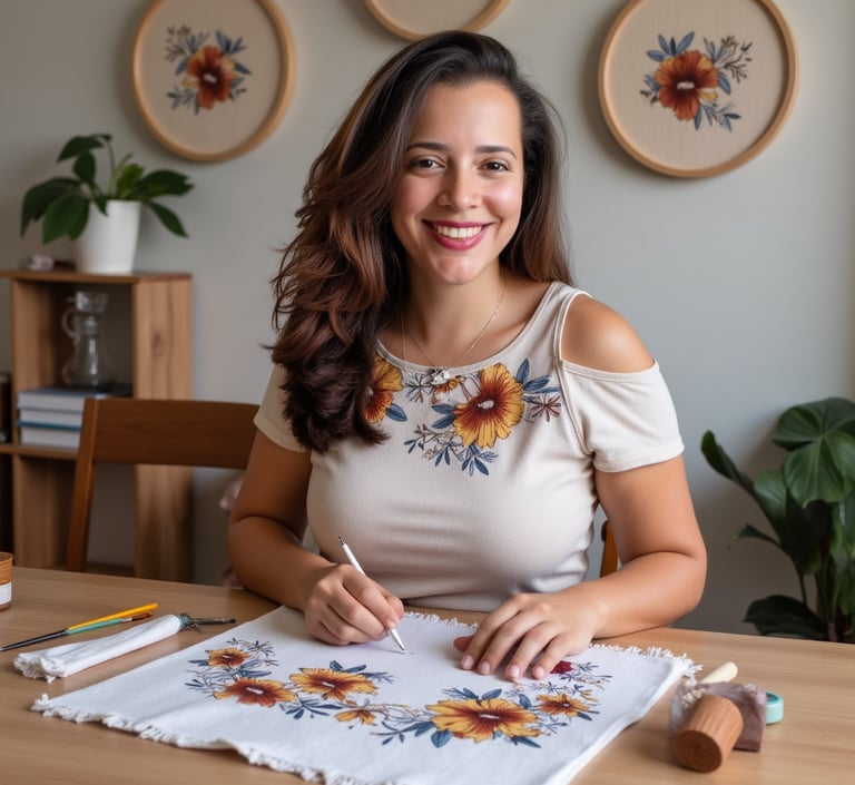 Mulher sorrindo em ateliê de bordado livre, criadora do Carol Ateliê