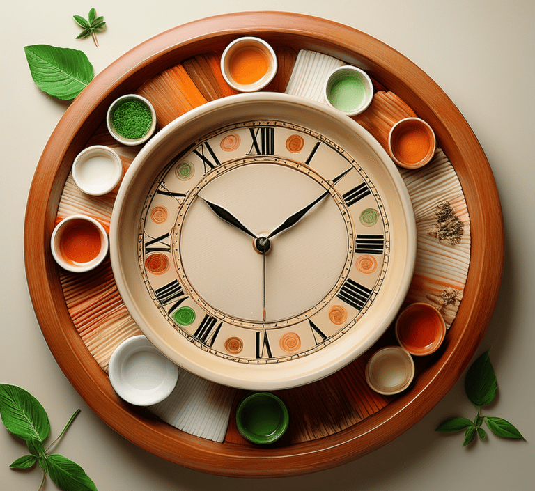 AI generated colorful bowls on terracotta plate with leaves on the side and a clock in the center to show quick recipes  