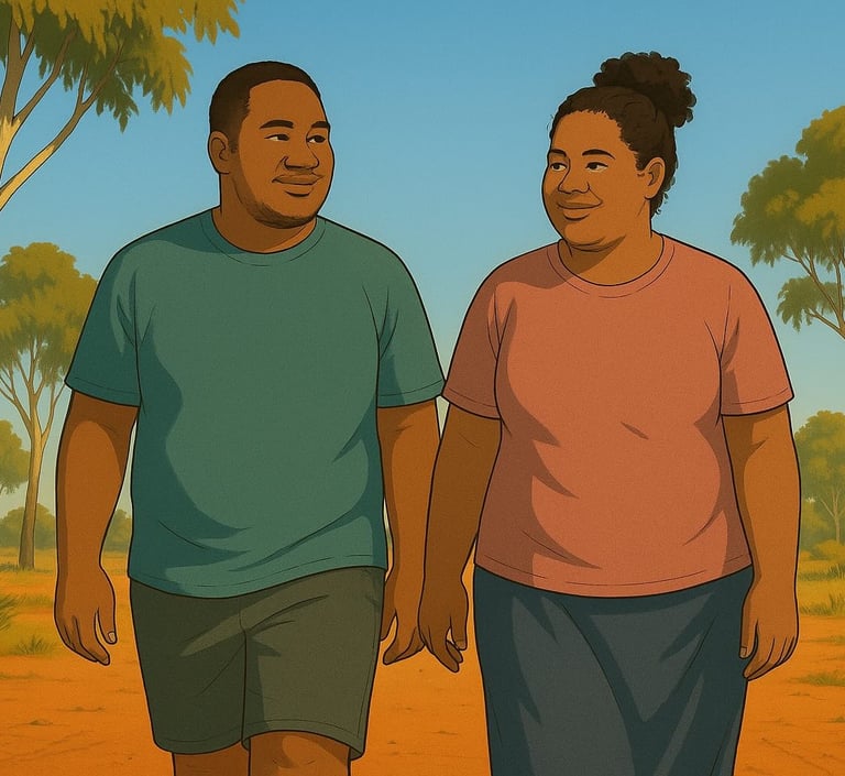 Tongan couple walking in Robinvale bushland, calm smiles, morning light, gum trees and red soil around them.