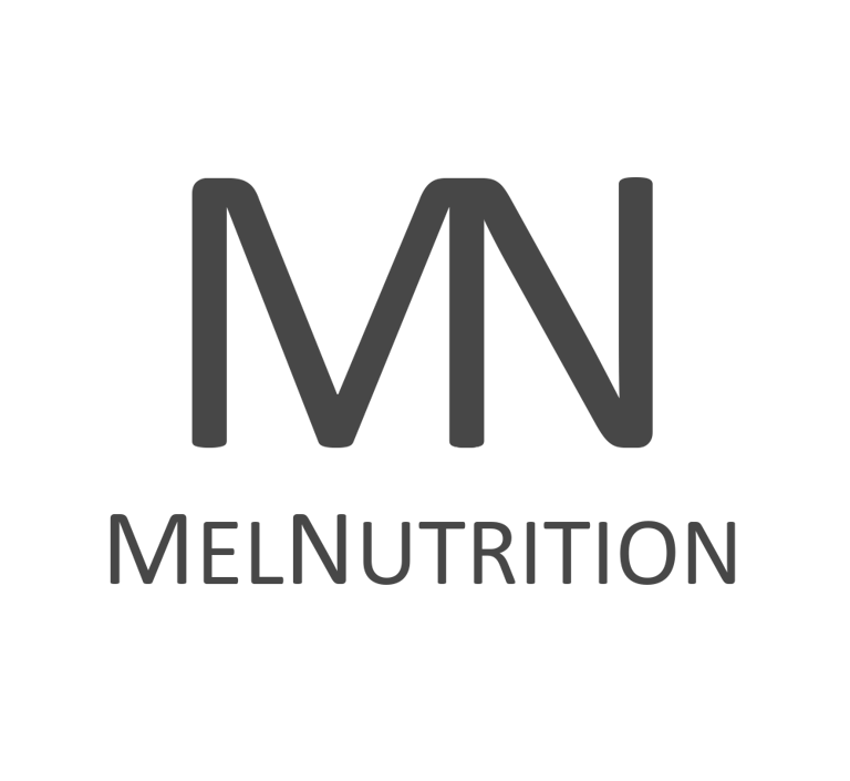 MelNutrition minimalist brand logo with a grey MN monogram on a black background.