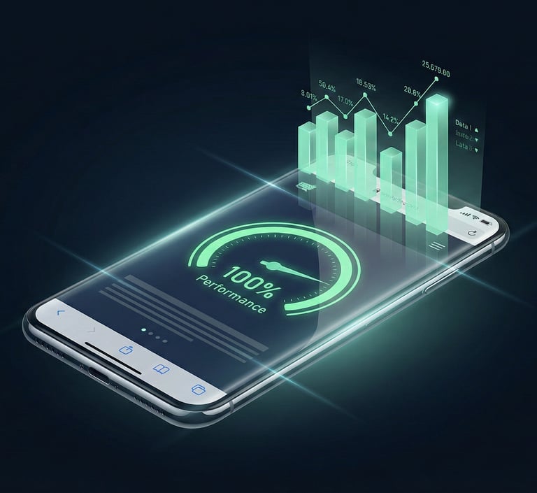 Smartphone exibindo site otimizado com nota máxima de velocidade no Google.